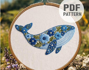 花柄のクジラの刺繍パターン：海の生き物をモチーフにしたフープアート