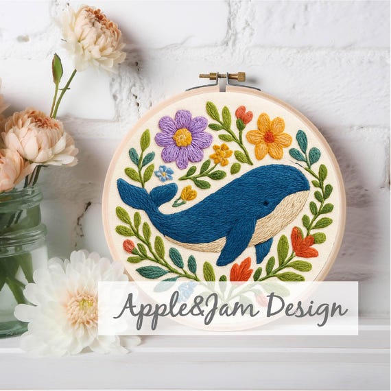 クジラと花の刺繍、クジラの刺繍、海の生き物、花のクジラの刺繍