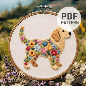 Floral Golden Retriever Embroidery Pattern, Dog Embroidery ,Floral Dog , Dog and Flowers Embroidery PDF Instant Download