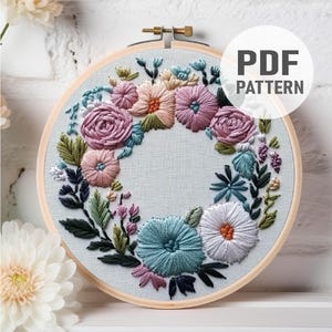 Patrón de bordado de corona de flores Bordado floral Bordado de flores de primavera Descarga instantánea en PDF