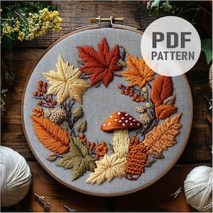 Herbst Stickmuster Pilz Kranz Stickerei Ahornblatt, Herbstkranz, Muahroom Stickerei PDF Instant Download