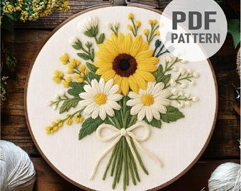 Sunflower Embroidery Pattern Summer Flower Embroidery Daisies Embroidery Sunflower Bouquet Embroidery PDF Instant Download
