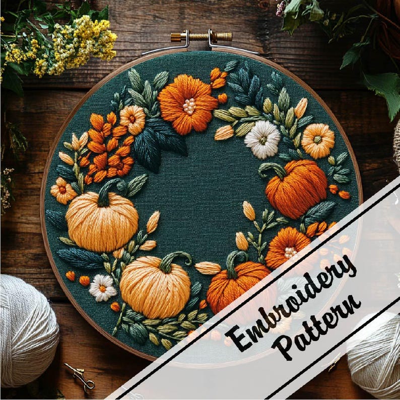 Pumpkin Wreath Embroidery Pattern Autumn Embroidery Pumpkin Harvest ...