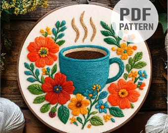 Kaffee Stickmuster Kaffee Blume Stickerei Tea Time Stickerei Blumen Tasse Muster PDF Instant Download