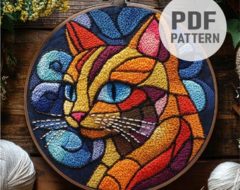 猫の刺繍パターン 幾何学模様の猫の刺繍 抽象的な猫の刺繍パターン PDF 即時ダウンロード
