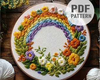 Regenbogen Stickmuster, Regenbogen und Blumen Stickerei, Regenbogen Blumen Stickerei, PDF Sofort Download