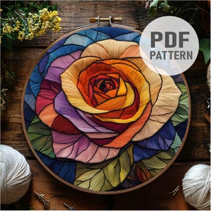 Rainbow Rose Embroidery Pattern Magic Rose Embroidery Stained Glass Rose Embroidery PDF Instant Download