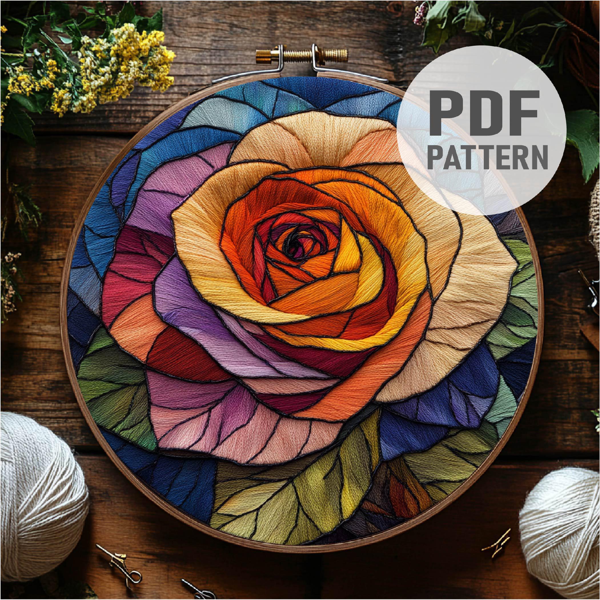 Rainbow Rose Embroidery Pattern Magic Rose Embroidery Stained Glass Rose Embroidery PDF Instant Download