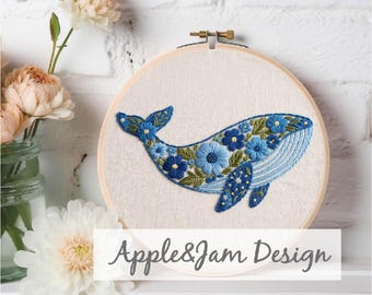 クジラとサンゴの刺繍タペストリー 花柄クジラ刺繍パターン、クジラ刺繍、海の生き物、クジラと花の刺繍