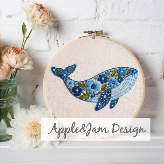 クジラとサンゴの刺繍タペストリー 花柄クジラ刺繍パターン、クジラ刺繍、海の生き物、クジラと花の刺繍