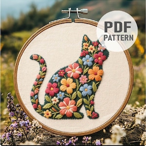 Floral Cat Embroidery Pattern, Cat Embroidery ,Kitten Embroidery, Cat and Flowers Embroidery PDF Instant Download