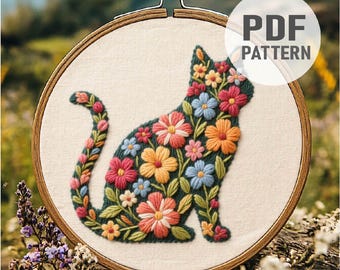 Floral Cat Embroidery Pattern, Cat Embroidery ,Kitten Embroidery, Cat and Flowers Embroidery PDF Instant Download
