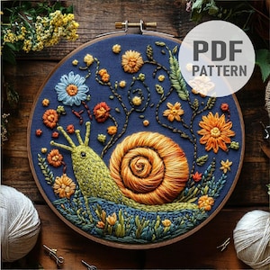 Snail Embroidery Pattern Whimsical Snail Embroidery Floral Snail Embroidery Insect Embroidery PDF Instant Download