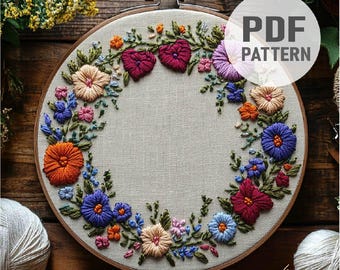 Flower Wreath Embroidery Pattern Floral Wreath Embroidery Wreath Embroidery Flower Frame Embroidery PDF Instant Download