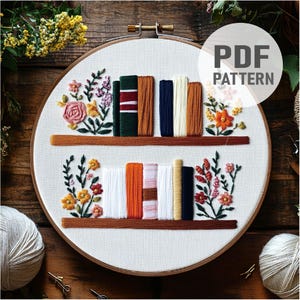 Bücherregal Stickanleitung Blumen und Bücher lesen Stickerei Literatur Mädchen PDF Instant Download