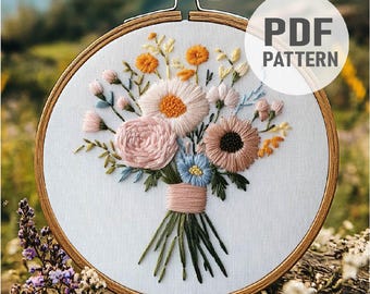 ブーケ刺繍パターン、花刺繍、フローラル刺繍、ウェディング、フラワー刺繍パターンPDF即時ダウンロード