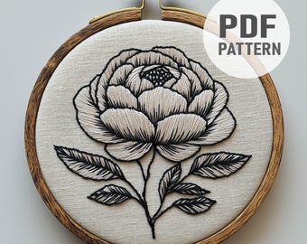 Patrón de bordado de peonía Bordado de flores Bordado floral Arte de línea de flores Patrón de bordado PDF Descarga instantánea