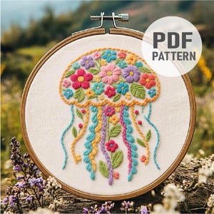 Floral Jellyfish Embroidery Pattern, Jellyfish Embroidery ,Sealife, Jellyfish and Flowers Embroidery PDF Instant Download