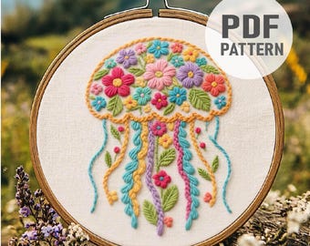 Floral Jellyfish Embroidery Pattern, Jellyfish Embroidery ,Sealife, Jellyfish and Flowers Embroidery PDF Instant Download
