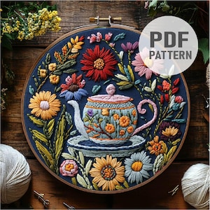Tea Time Embroidery Pattern Tea Pot Embroidery Flower Tea Embroidery Tea Set Pattern PDF Instant Download
