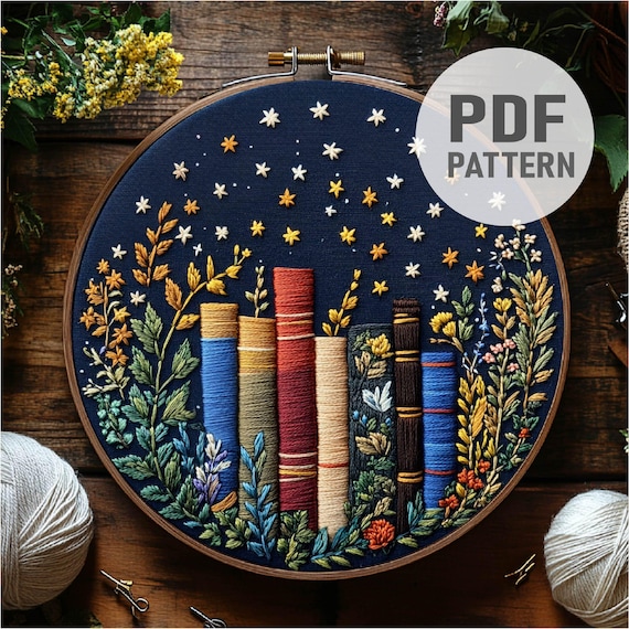 Magic Books Plants Embroidery Pattern Reading Embroidery Bookshelve Embroidery PDF Instant Download