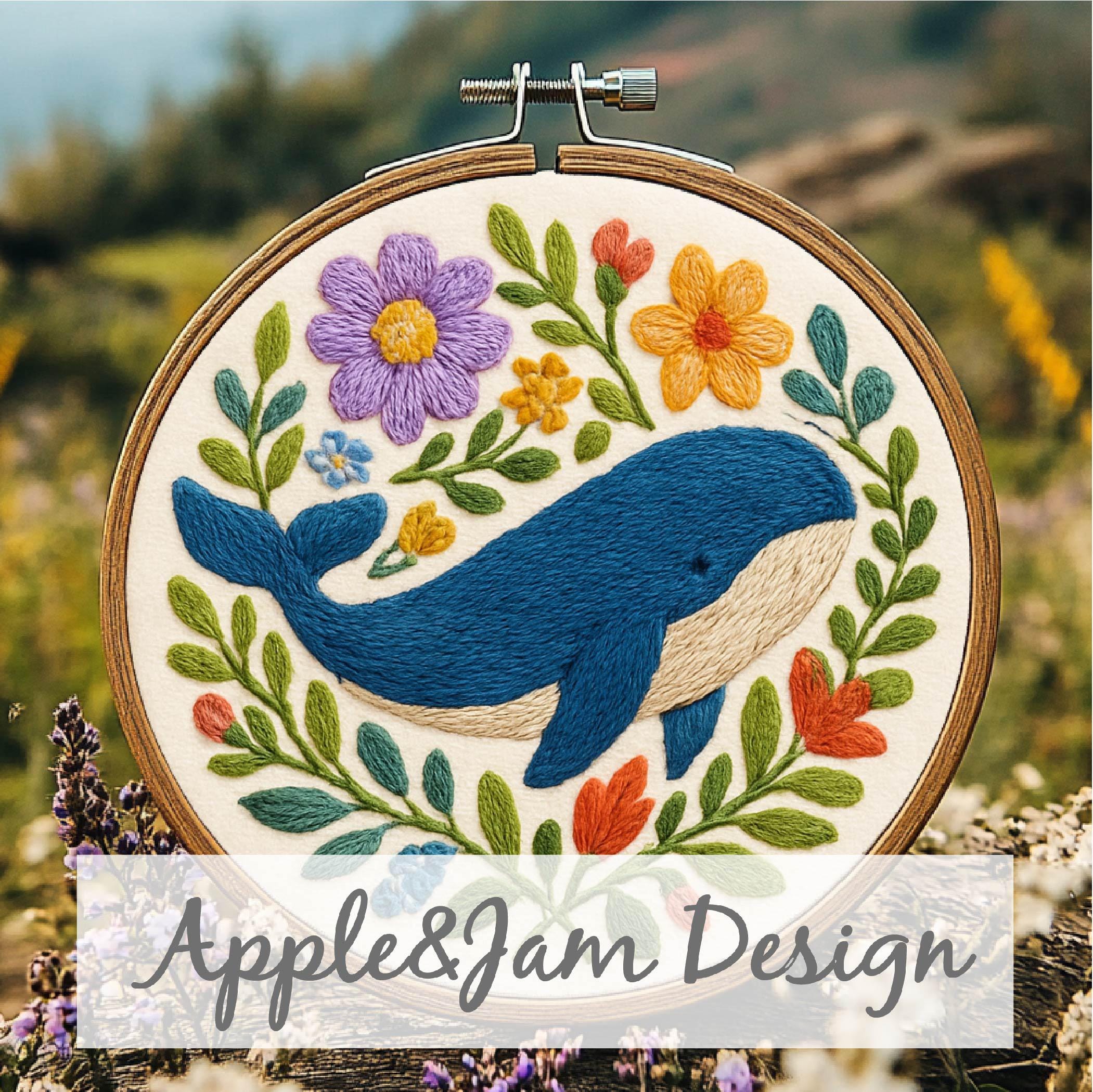 クジラと花の刺繍、クジラの刺繍、海の生き物、花のクジラの刺繍