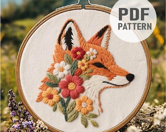 Floral Fox Embroidery Pattern, Fox Embroidery ,Woodland Animal, Fox and Flowers Embroidery PDF Instant Download
