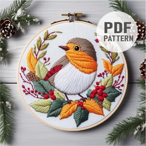 Christmas Bird Embroidery Pattern, Winter Embroidery ,Bird and Flowers Embroidery PDF Instant Download
