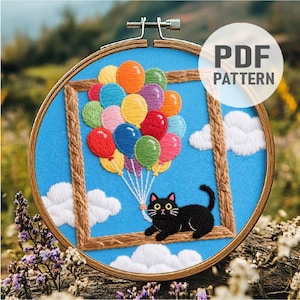 Cat and Balloon Embroidery Pattern, Cat Embroidery ,Sky Embroidery, Black Cat Embroidery PDF Instant Download