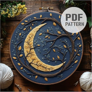 Moon Embroidery Pattern Celestial Embroidery Luna Moon Embroidery Flower Plants and Moon Embroidery PDF Instant Download