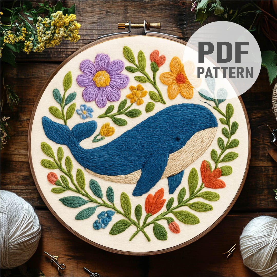 クジラと花の刺繍、クジラの刺繍、海の生き物、花のクジラの刺繍