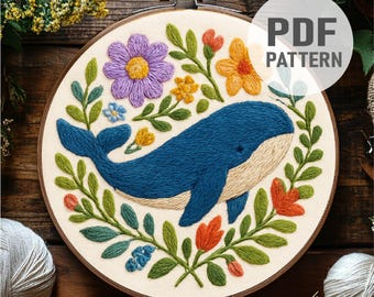 花柄のクジラの刺繍パターン：海の生き物をモチーフにしたフープアート