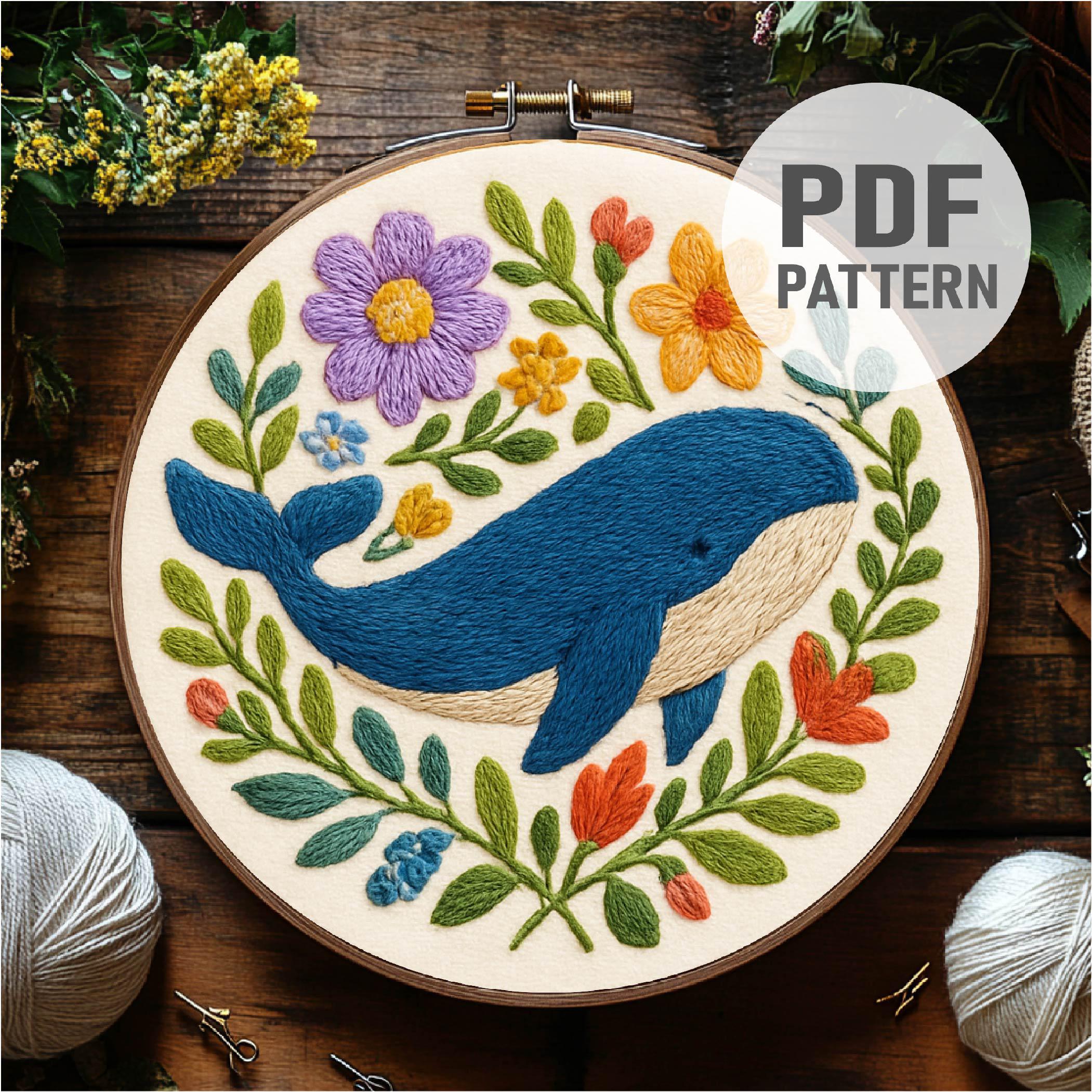 クジラと花の刺繍、クジラの刺繍、海の生き物、花のクジラの刺繍