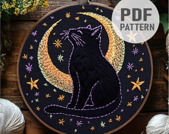 Schöne Mond Katze Stickmuster, Mond Katze und Mond Stickmuster, Mond Katze und Mond Stickdatei