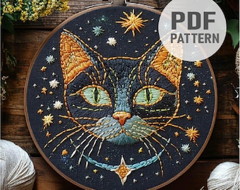 Magische Katze Stickmuster, Wunderliche Katze Stickerei, Sternenkatze, himmlische Katze, Stickdatei, Sofort-Download