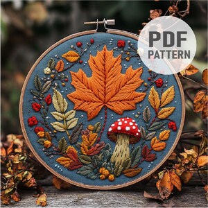 Herbst Stickmuster, Pilz Stickerei, Herbst Blätter Stickmuster, Fliegenpilz Pilz Muster, PDF Sofort-Download