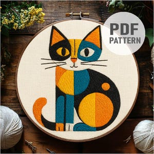 Abstract Cat Embroidery Pattern Cute Cat Embroidery ,Cat Art Embroidery PDF Instant Download