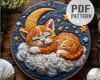 Schlafende Katze Stickmuster, Katze und Mond Stickerei, Himmel, Mond Katze, Sterne Stickerei Kitten Art PDF-Instant Download