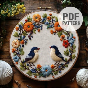 Love Bird Embroidery Pattern, Blossom Embroidery ,Bird and Flowers, Bird Wreath Embroidery PDF Instant Download