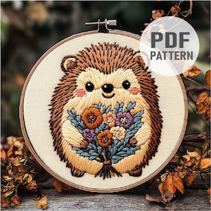 Cute Hedgehog Embroidery Pattern HedgeHog and Flower Embroidery Woodland Animal Embroidery PDF Instant Download