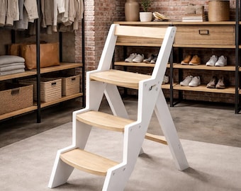 Silla tipo escalera de madera con respaldo / Taburete plegable de madera blanca y natural / Silla tipo escalera convertible / Taburete plegable para armario
