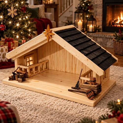 Houten kerststal | Handgemaakte houten kerststal | Kerststaldecoratie Bethlehem | Houten kerststal van Bethlehem