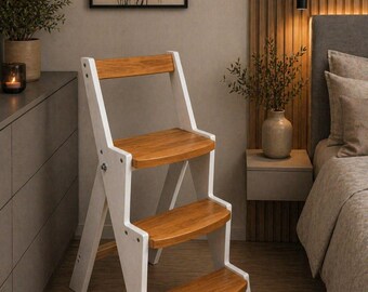 White and Warm Wood Step Stool Chair | Modern Kitchen Helper Ladder | Folding Ladder for Home | Compact Step Stool Chair