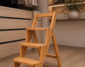Warm Wood Step Ladder Chair | Modern Warm Wood Folding Step Stool | Minimalist Step Stool for Home | Elegant Wooden Step Ladder