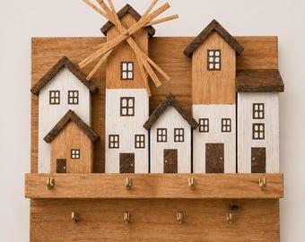 Soporte de pared para llaves con forma de casa / Organizador de llaves / Soporte decorativo de madera para llaves / Soporte de madera para llaves con forma de casa / Soporte para llaves hecho a mano