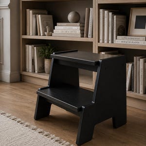 Black Wooden Step Stool | 2 Step Ladder for Closet | Two Step Wooden Stool | Small Ladder for Kitchen | Handmade Wooden 2 Step Stool