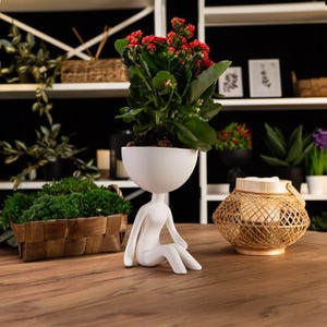 Puede incluir: Una maceta de cerámica blanca con forma de persona sentada, que sostiene una planta verde con flores rojas. Una linterna tejida y otras plantas están en el fondo sobre una mesa de madera.