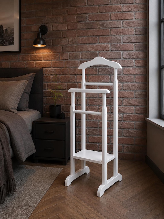 Bodenstehende Kleiderstange | Weißer Holz Stummer Diener | Moderner Taschenorganizer | Holzboden Valet für Kleidung | Kleiderhalter