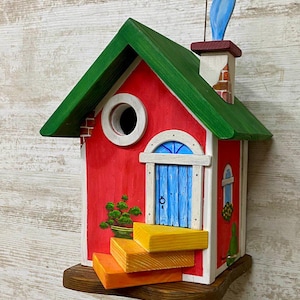 Casita para pájaros Cabaña Roja / Casita para pájaros Casa Roja hecha a mano / Casita para pájaros Cabaña Roja en el Bosque / Casita para pájaros Hogar Escarlata