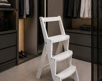 White Folding Wooden Step Ladder | Compact Step Ladder Chair | Multifunctional Wooden Ladder | Modern Kitchen, Closet, Bathroom Helper
